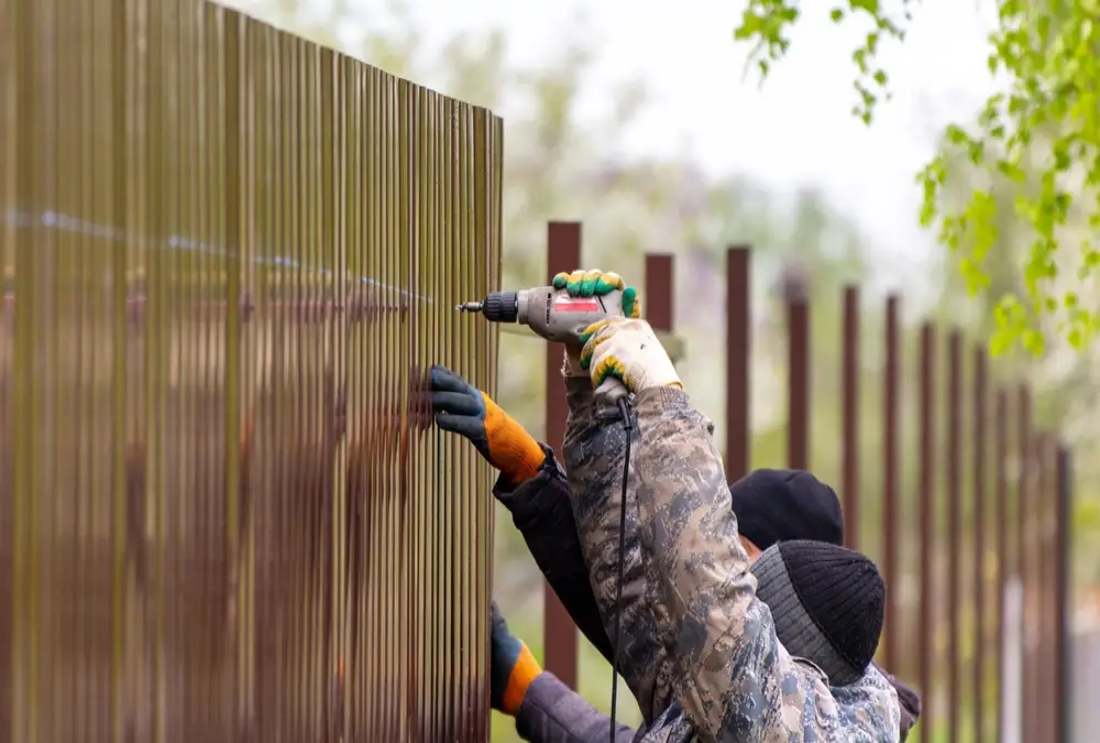Expert contractor performing a custom fence installation using high-quality vertical metal panels for a residential property.
